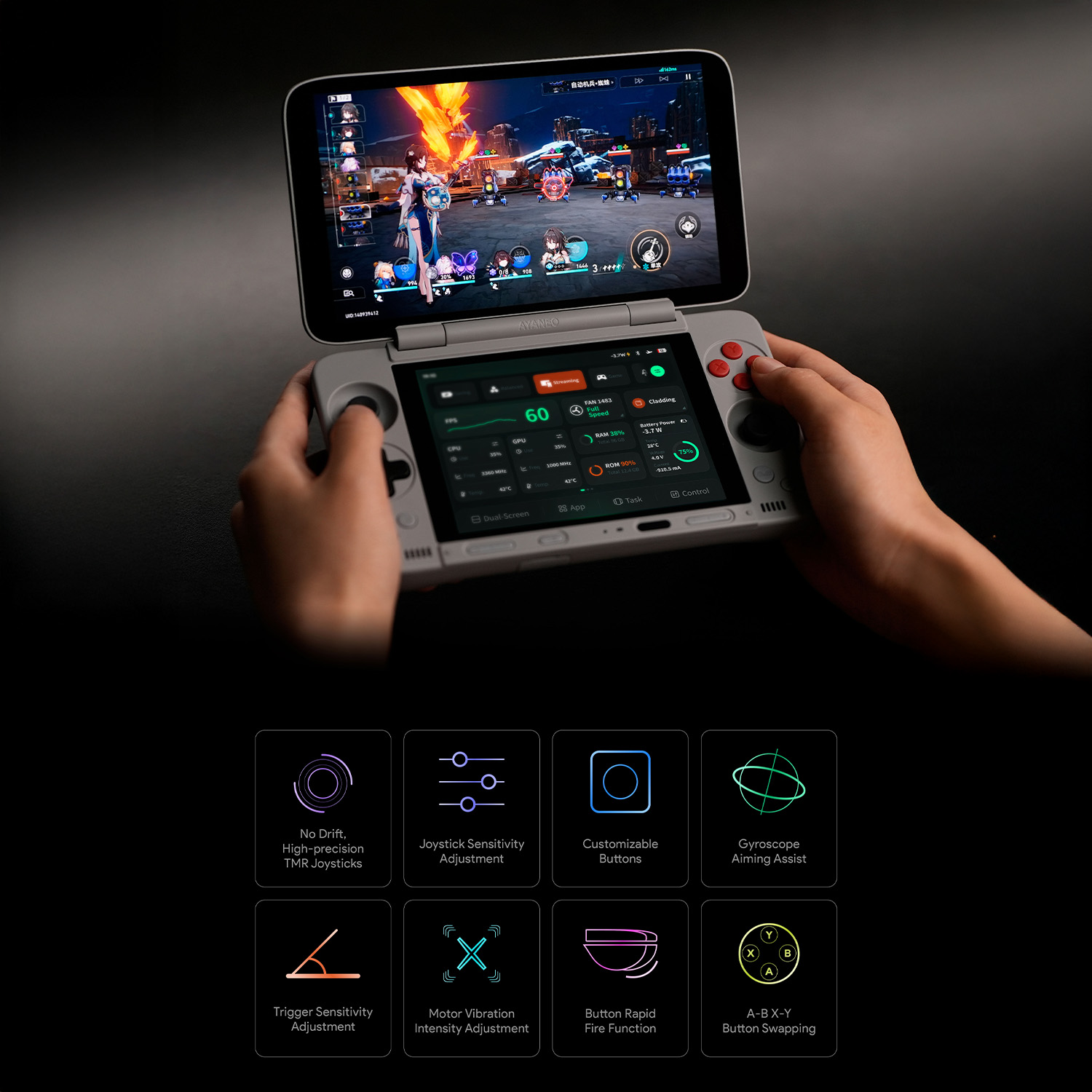 A marketing infographic showing a person playing a game on the AYANEO Pocket DS dual-screen handheld. The image highlights the device's advanced controller customization features, including no-drift TMR joysticks, adjustable joystick and trigger sensitivity, gyroscope aiming assist, and button swapping via AYASpace software.