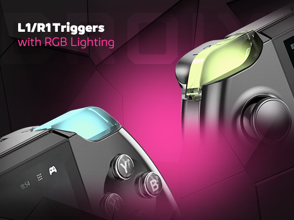 Highlighting L1/R1 triggers with customizable RGB lighting, adding a stylish and functional edge to the GPD WIN 4’s controls for modern gaming.
