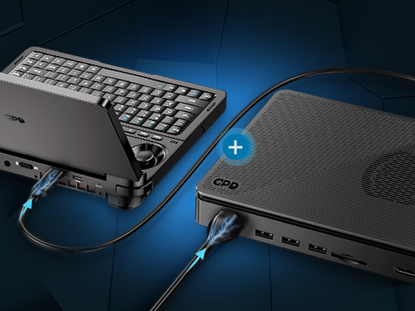 The GPD Win Mini 2025 connected to the GPD G1 eGPU dock, showcasing seamless integration for enhanced gaming and productivity through high-speed USB4 connectivity.