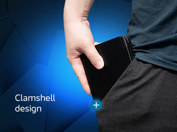 A compact and sleek GPD Win Mini 2024 handheld gaming console in a clam-shell design, with the screen and keyboard visible when open, showcasing its ergonomic and portable build.