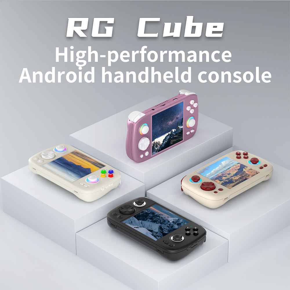 Anbernic RG Cube in Beige White, Radiant Purple, Gray, and Black - A compact and powerful handheld gaming device featuring a 3.95-inch square display with 720x720 resolution. Powered by a Unisoc T820 octa-core processor and running Android 13, it supports a wide range of emulators and Android games, combining retro charm with modern technology.