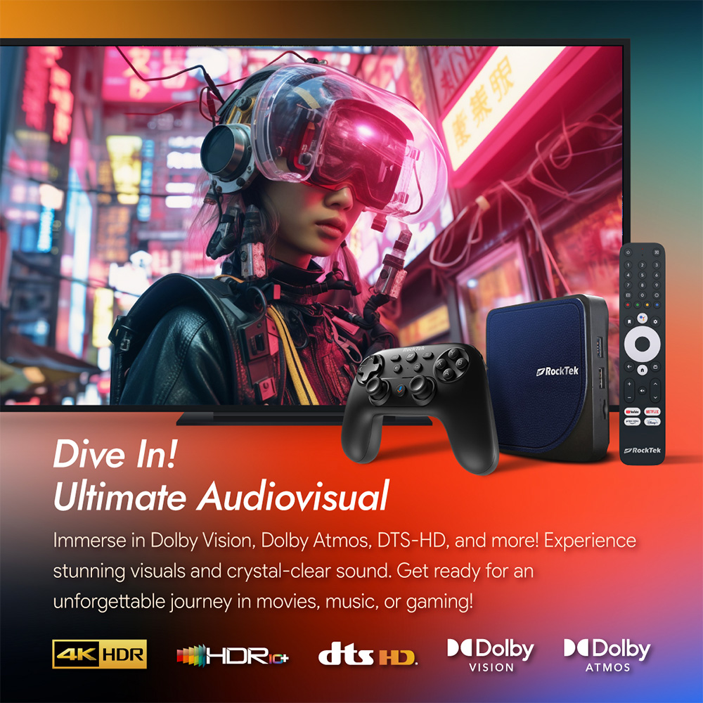 Rocktek G2 media streaming device designed for gaming, featuring a sleek black design, high-performance capabilities, and a user-friendly remote control.