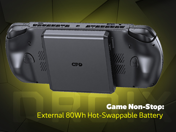 A rear view of the black GPD WIN 5 handheld gaming console, showcasing its detachable battery. A rectangular battery module with the GPD logo is attached to the center back of the device, positioned between the two ergonomic grips. The yellow text at the bottom reads: