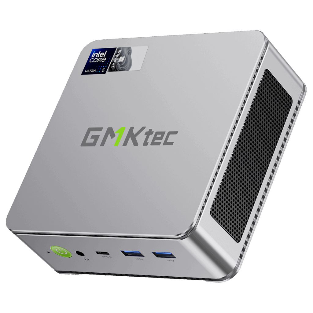 The image showcases the GMKTEC NUBOX K9 Mini PC in a stylish silver finish, adding a touch of elegance to its sleek design. The silver color enhances its modern aesthetic, making it an attractive addition to any workspace. The GMKTEC logo is subtly displayed on the top surface. Overall, the image highlights the sophisticated appearance of the GMKTEC NUBOX K9 Mini PC in silver