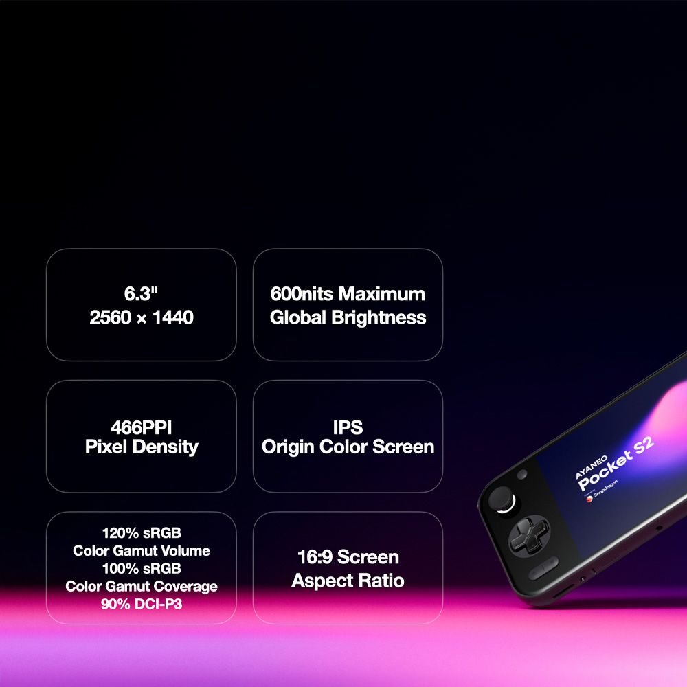 A dark, minimalist marketing image highlighting the display specifications of the AYANEO Pocket S2. The left side of the image features six black rectangular boxes with rounded corners, each containing white text detailing screen features: