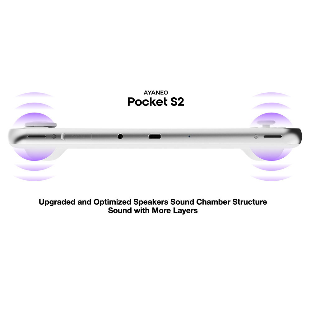 A clean product image showcasing the AYANEO Pocket S2 handheld gaming console in white, viewed from its top edge. The console is centered horizontally against a white background, with purple sound wave icons emanating from both the left and right sides, indicating audio output. Above the console,