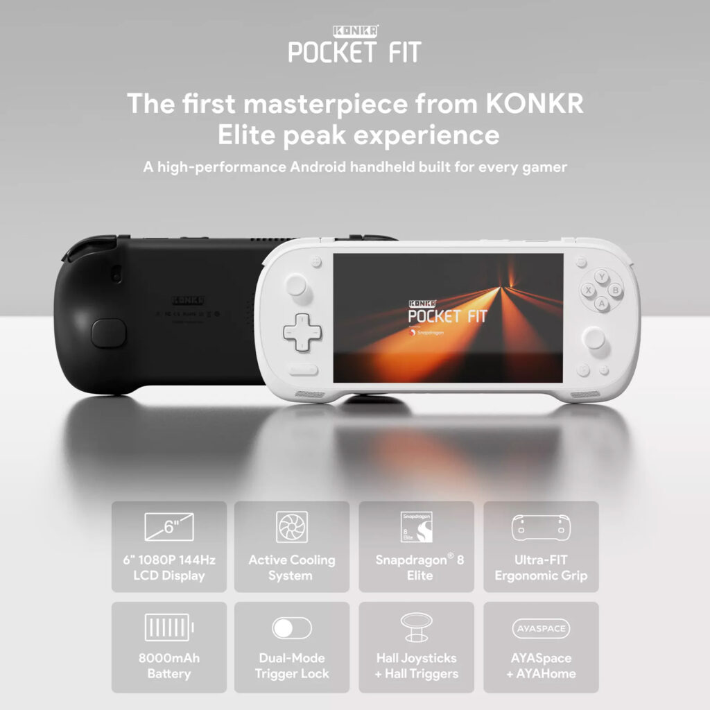 A product information graphic for the KONKR Pocket Fit. The top of the image shows two consoles, one white and face-up with a game on its screen, and one black, flipped over to show its back. The text