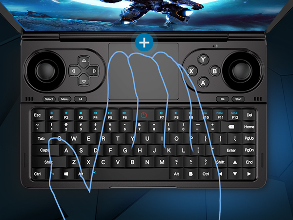 A top-down view of the GPD Win Mini 2025’s full QWERTY keyboard and multi-touch touchpad, demonstrating intuitive controls and ergonomic placement for seamless typing and navigation.