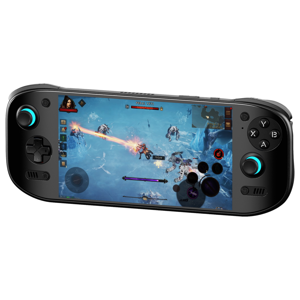 A black AYN Odin 2 Portal handheld gaming console displaying an action-packed RPG game. The screen shows a character using a fiery attack against enemies in a frozen landscape. The device has an ergonomic design with illuminated thumbsticks.