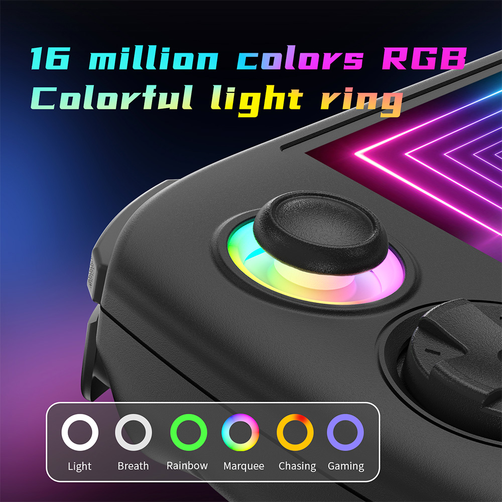 16 million colors RGB lighting for Anbernic RG Cube - Customizable lighting effects including constant light, breath, rainbow, marquee, chasing, and gaming. Enhances visual appeal and personalization options for gaming enthusiasts.