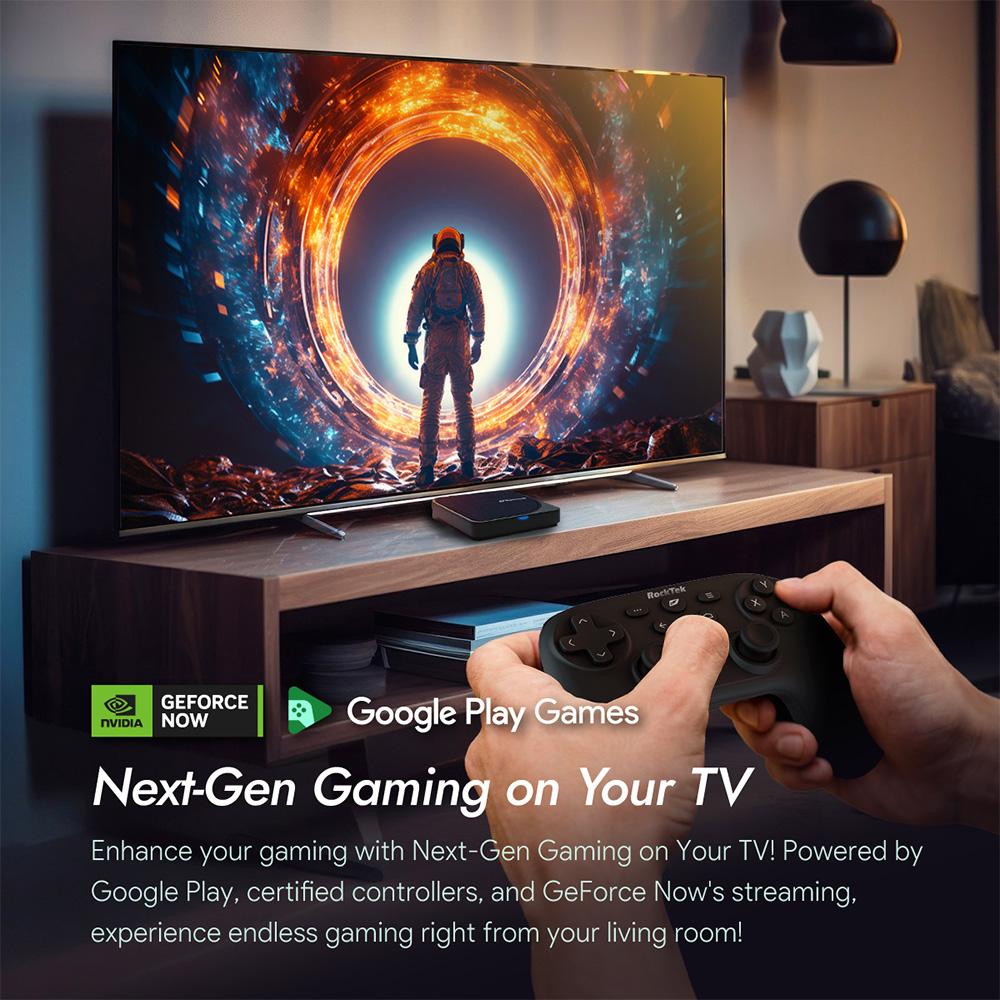 Rocktek G2 media streaming device with remote control, featuring a sleek black design and a user-friendly remote with multiple buttons for easy navigation and media control.