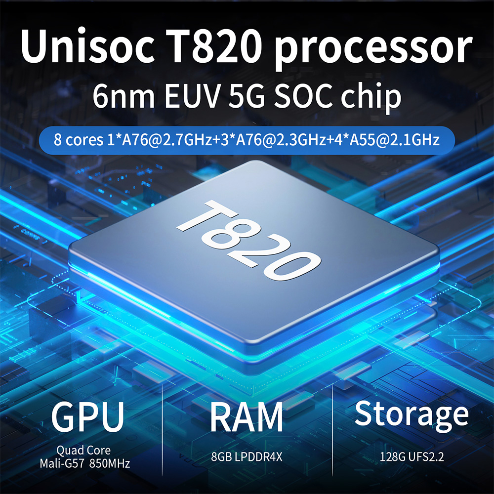 Anbernic RG Cube processor - Powered by the Unisoc T820 octa-core chip with a 6nm EUV process, featuring 8 cores (1xA76@2.7GHz + 3xA76@2.3GHz + 4xA55@2.1GHz). Designed for efficient emulation and smooth performance in both retro and modern Android games