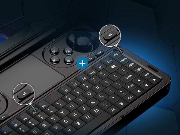 The GPD Win Mini 2024 controller showing the C-side with newly added programmable macro keys L4 and R4, enabling customizable one-button key combinations for easier PC online gaming.