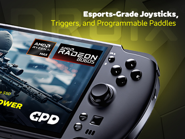 A close-up angled shot of the right side of the GPD WIN 5 handheld gaming console. The screen displays a first-person shooter game with a prominent overlay of the AMD Ryzen AI Max and AMD Radeon 8050S logos. The text at the top reads,