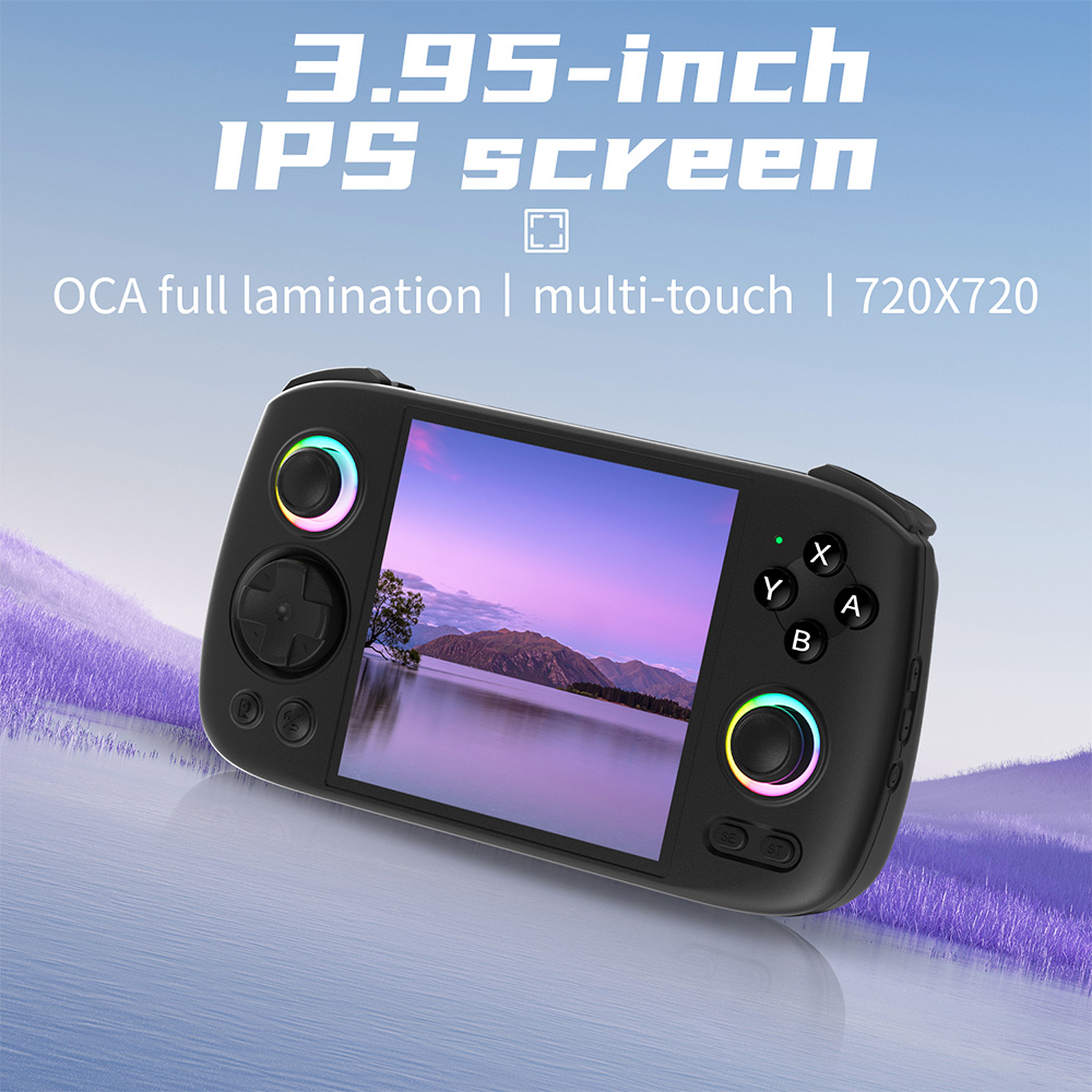 Anbernic RG Cube screen - A 3.95-inch IPS display with 720x720 resolution and OCA full lamination, optimized for immersive retro and modern gaming experiences. Features multi-touch functionality and a 1:1 aspect ratio, ideal for classic games and Nintendo DS/3DS emulation.