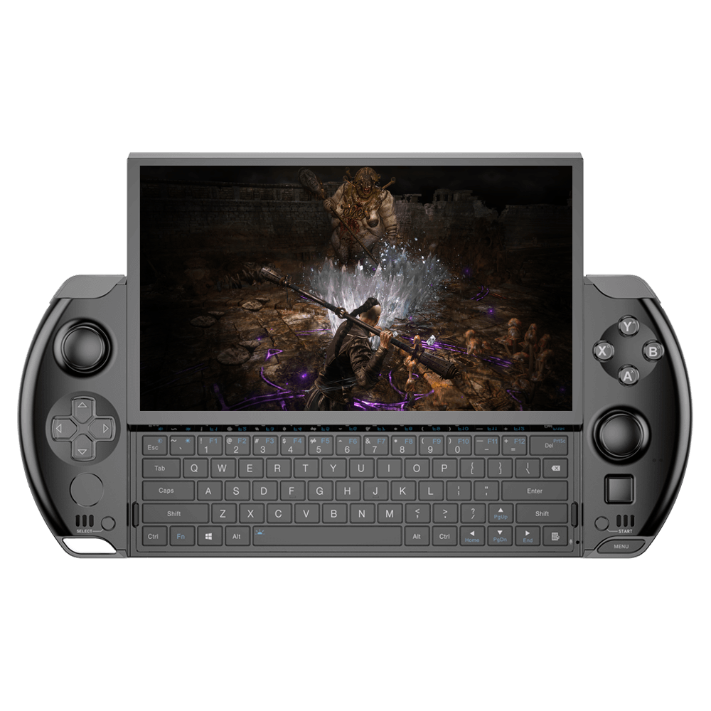 The image shows a GPD WIN 4 2025 model, a portable handheld gaming device. It features a landscape-oriented screen with game graphics displayed. The device includes integrated game controller buttons on the sides, a QWERTY keyboard below the screen, and thumbsticks for precise input. Its compact design emphasizes mobility and versatility for gaming and productivity on the go.