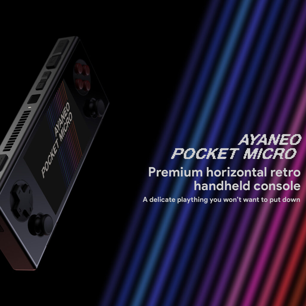 Side view of the AYANEO Pocket Micro in black, showcasing its slim profile with buttons and vents visible. The screen displays colorful lines. Text on the right reads