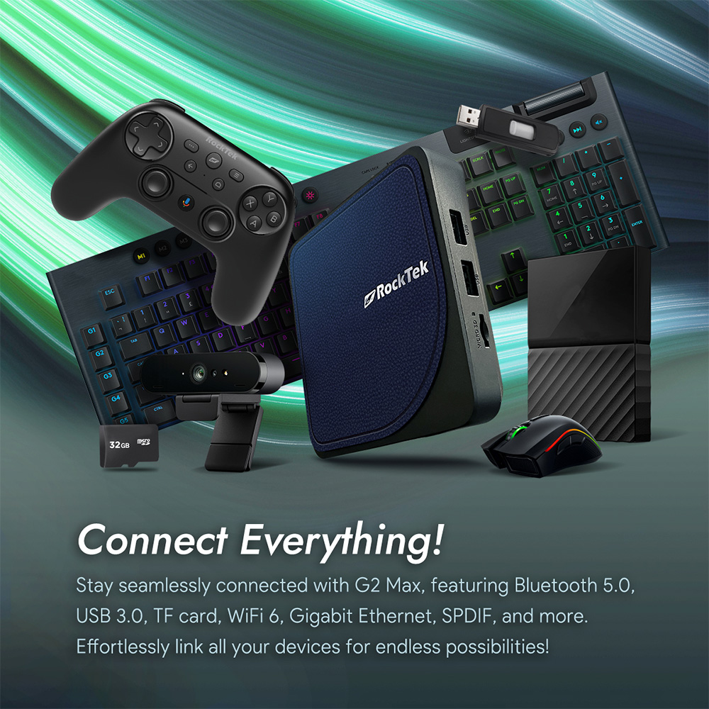 Rocktek G2 media streaming device showing various connectivity options, including HDMI, USB ports, Ethernet, and Wi-Fi, for seamless integration with home entertainment systems
