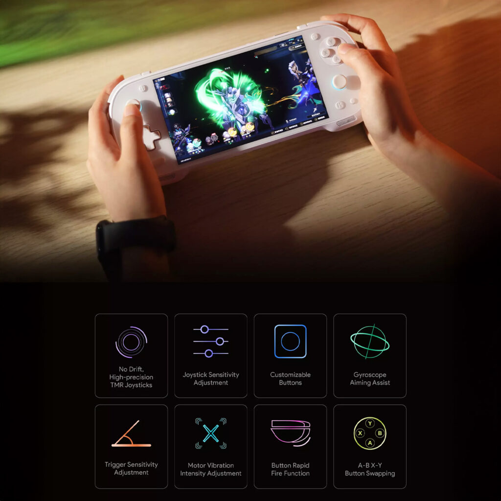 A first-person shot of two hands holding a white KONKR Pocket Fit handheld gaming console. The screen displays a colorful action RPG game with multiple characters and special effects. The bottom of the image features a grid of eight icons with accompanying text, each describing a different feature, including