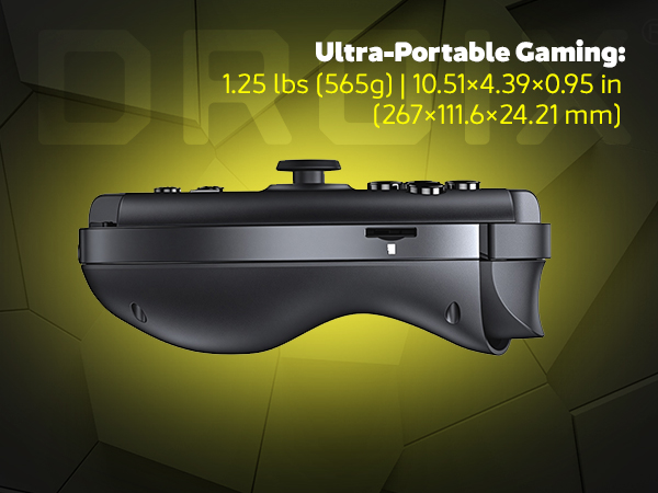 A side view of the black GPD WIN 5 handheld gaming console, emphasizing its slim profile and ergonomic grips, set against a glowing yellow and dark background. The top text highlights its portability: