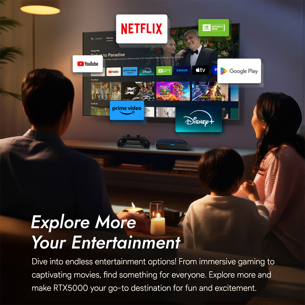 Rocktek G2 media streaming device, compatible with Netflix and YouTube, featuring a sleek black design and a user-friendly remote control for easy access to popular streaming services.
