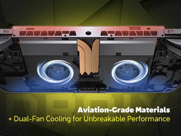 A close-up internal view of the GPD WIN 5's cooling system against a dark, yellow-glowing background. The image shows two glowing blue circular fans and a copper heat pipe array. The text at the bottom reads,